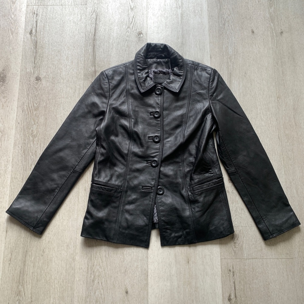 Jaclyn Smith High Quality Button closure Leather Black Jacket‎ Coat Size S y2k